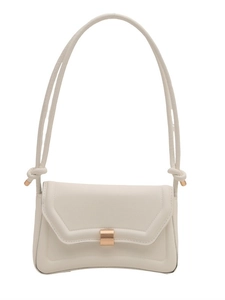 Elegant cream white minimalist saddle shoulder bag with matte gold square buckle detail