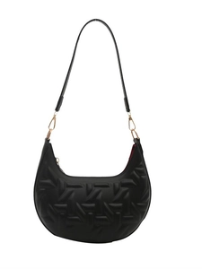 Black crescent moon shoulder bag with geometric embossed texture and gold hardware
