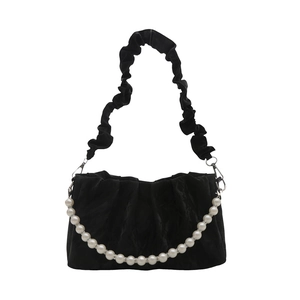 Minimalist black velvet ruched cloud handbag with decorative oversized pearl chain strap