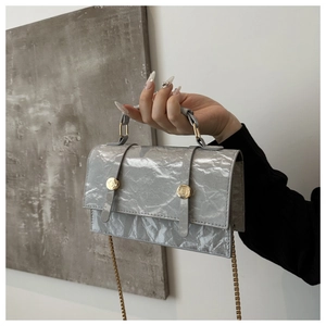 Detail of silver pleated leather mini bag with gold circular buckle and chain strap