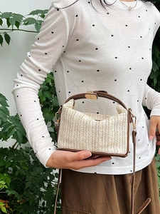 2024 stylish woven crossbody bag with beige herringbone texture and brown leather trim