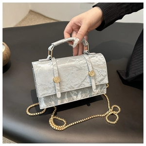 Detail view of silver pleated crossbody bag with golden chain and metallic buckle strap