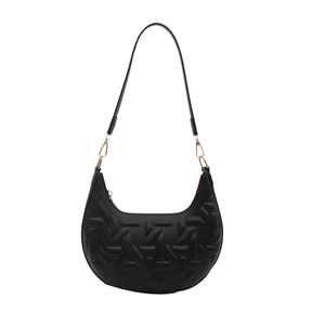 Chic black crescent hobo bag with geometric quilted texture and gold hardware