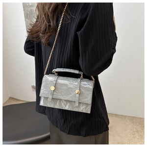 Detail of grey wrinkled texture handbag with gold chain strap and metal buckles