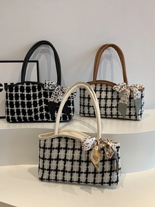 Tweed Check Plaid Tote Bag Large Capacity Women Fashion Shoulder Handbag With Scarf Bow Retro Commute PU Trim