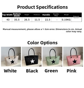 Size chart and color display of nylon star print tote bags in black, white, pink and green