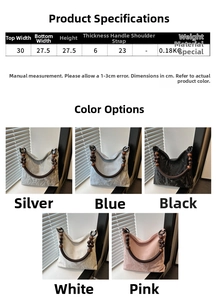 Detailed size chart and dimensions for the solid color tote bag with wooden beads