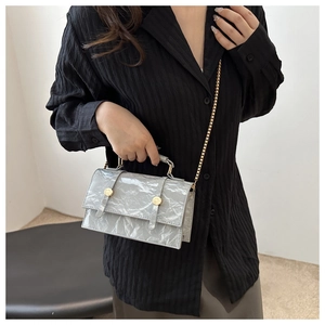 Detail of silver pleated texture crossbody bag with gold clasps and metal chain strap