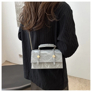 Detail of grey pleated patent leather handbag with gold chain strap and chic buckle design