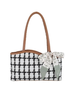 Classic black and white checkered tweed tote bag with brown leather handles and silk scarf