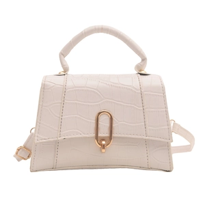 White faux leather crocodile embossed hourglass handbag with gold clasp and top handle
