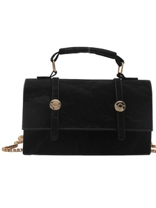 Vintage black wrinkled texture shoulder bag with gold buckles and chain strap