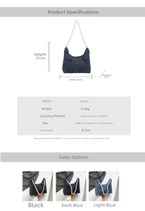 Detail view of denim underarm bag with bow, pearl chain and size dimensions guide