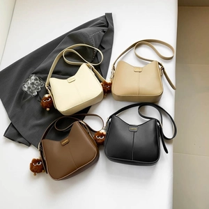 Women PU Leather Crossbody Shoulder Bag Half Moon Hobo Shape Metal Decor With Plush Pendant Adjustable Strap Retro
