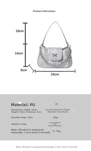 Detailed size specifications for silver butterfly baguette bag with 24x14x6cm dimensions