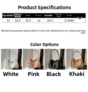Dettagli della borsa tote in pelle PU nei colori bianco, rosa, nero e kaki