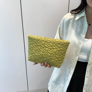 Quilted mustard green handbag with 3D floral petal design for summer casual use