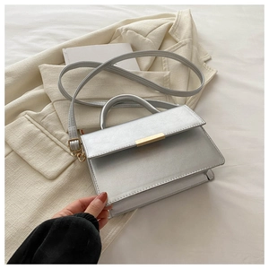 Detail of silver leather handbag with gold metal clasp and adjustable shoulder strap