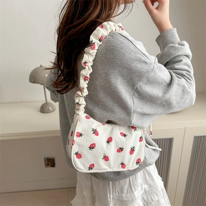 Cute strawberry print corduroy shoulder bag with stylish ruched cloud handle strap