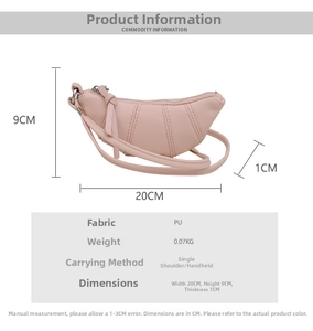 Size chart showing mini pink croissant bag dimensions 20cm x 9cm with PU leather material