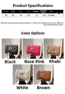 Size chart and color options for quilted chain bag with detailed dimensions and material