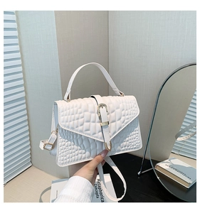 Detailed close-up of white crocodile pattern texture and golden hardware on small handbag