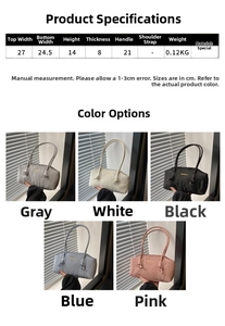 Tableau des tailles détaillé pour sac à bandoulière froncé avec diverses options de couleurs