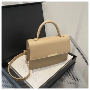 Detail of beige rectangular handbag with gold clasp, top handle and detachable strap