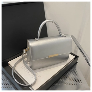 Detail of silver leather handbag with metallic finish and gold rectangular buckle