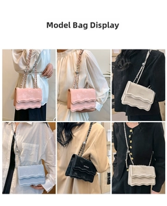 Model showing pink, beige, blue and black chain bags in various ways to wear