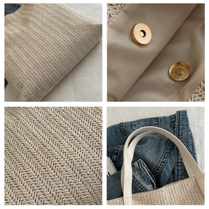 Detail of straw tote bag showing tight herringbone weave and magnetic metal closure