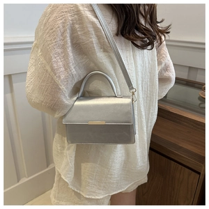 Silver metallic leather crossbody bag styled on a model in an elegant interior setting