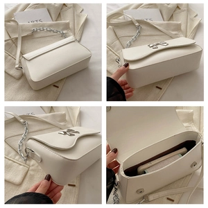 Collage of white leather crossbody bag with silver bow accent and chain strap from four angles