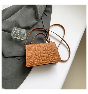 Detail of brown croc-embossed small square bag showing fine texture and golden hardware