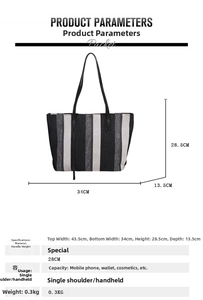Detailed size parameters of striped canvas tote bag with dimensions and weight info