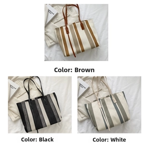 Detailed comparison of striped tote bags in brown, black, and white textured canvas