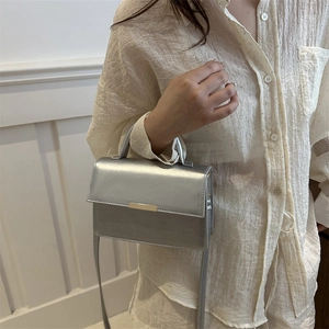 Silver metallic crossbody bag with gold detail shown on model in a stylish office setting