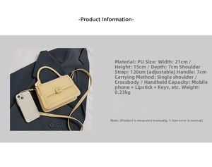 Detailed size specifications of the beige PU leather flap bag with dimensions and weight