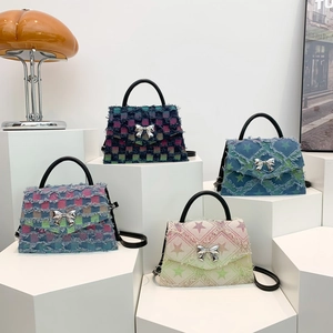 Ausgefranste Denim Umhängetasche Damen Stern Karo Muster Schultertasche Schleife Metallschnalle Vintage Lässig Kleine Tasche