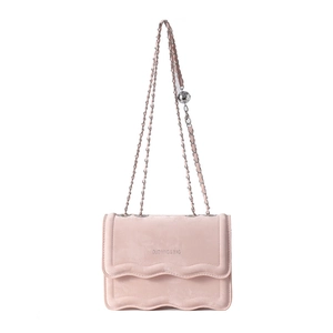 Pink velvet crossbody bag with wave edges and adjustable silver chain strap