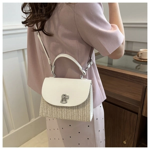 Fashion straw woven crossbody bag with white leather flap and silver bow lock detail