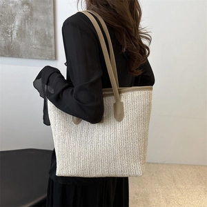 Casual large capacity woven straw tote bag with contrast shoulder straps for beach vacation