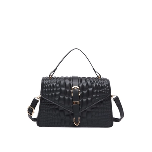 Chic black crocodile embossed leather crossbody bag with elegant gold horseshoe buckle