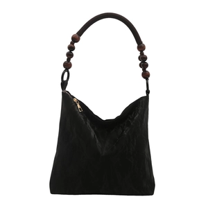 New Chinese style black tote bag with beaded wood handle and gold zipper closure