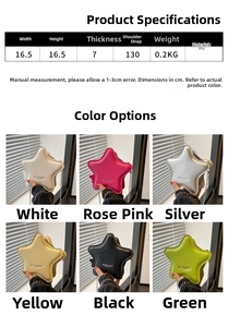 Detailed size specifications and star-shaped crossbody bags in six vibrant colors