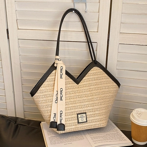 Large Capacity Straw Woven Tote Bag With PU Leather Trim V-Shaped Opening Letter Ribbon Decor Casual Shoulder Bag Women