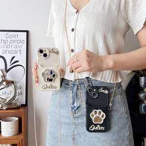 Luxury crossbody iPhone case with rhinestone cat paw mirror and gold chain strap