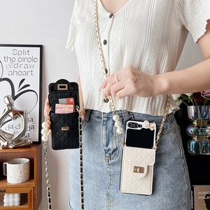 Quilted leather phone wallet case with pearl chain strap for Samsung Z Flip series