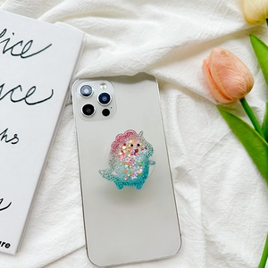Cute glitter dinosaur pop socket with colorful sequins and liquid quicksand effect