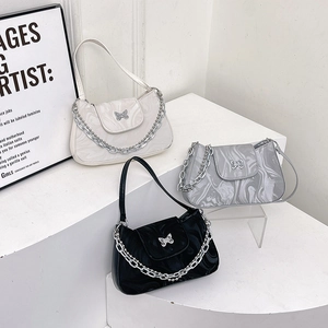 Sac Baguette Pour Femme En Cuir PU Avec Texture Marbre Boucle Papillon En Métal Et Chaîne Argentée Mode Style Coréen